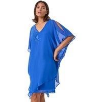 Roman Originals Embellished Cold Shoulder Overlay Dress for Women UK - Ladies Everyday Holiday Spring Summer V Neckline Comfy Soft Evening Vacation Work Party - Royal Blue - Size 10