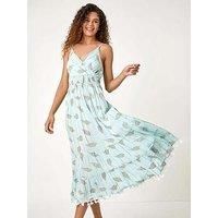 Roman Light Blue Metallic Leaf Print Shirred Maxi Dress - Size 10 10 female
