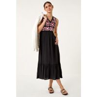 Roman Sleeveless Crochet Fit & Flare Midi Dress in Coral - Size 16 16 female