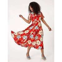 Roman Petite Floral Print Shirred Midi Dress 12 female