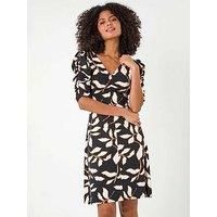 Roman Originals Tea Dress for Women UK Ladies Skater Swing Fit & Flare Flattering Summer Knee Length Floral Print Frill Hem Ruched Chest Casual Smart Cocktail Party Going Out - Black Natural - Size 14