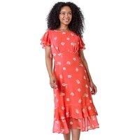 Roman Petite Coral Floral Chiffon Frill Tiered Midi Dress - Size 18 18 female
