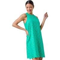 Roman Originals Cotton Embroidery Detail Shift Dress for Women UK - Ladies Everyday Holiday Spring Summer Round Neckline Comfy Soft Evening Vacation Work Party - Green - Size 18