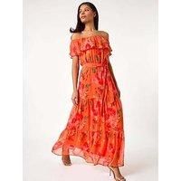 Roman Floral Tiered Bardot Belted Dress 10 female