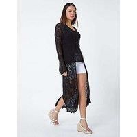 Roman Originals Longline Tie Cotton Blend Knit Cardigan for Women UK - Ladies Everyday Holiday Spring Summer Comfy Soft Evening Vacation Work Party - Black - Size 16