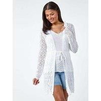 Roman Originals Longline Tie Cotton Blend Knit Cardigan for Women UK - Ladies Everyday Holiday Spring Summer Comfy Soft Evening Vacation Work Party - White - Size 16