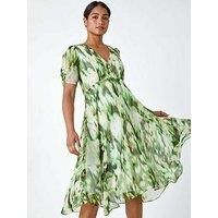 Abstract Print Hanky Hem Chiffon Dress for Women UK - Ladies Roman