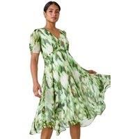 Roman Abstract Print Hanky Hem Chiffon Dress for Women UK - Ladies Spring Everyday Summer Holiday V-Neckline Comfy Short Sleeve Soft Midi Length Frock Beach Vacation Gowns - Green - Size 20