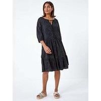 Roman Originals Women Broderie Tiered Smock Dress - Ladies Spring Holiday Summer Casual V-Neckline Short Sleeve Relaxed Lined Comfy Dresses Cotton Frill - Black - Size 10