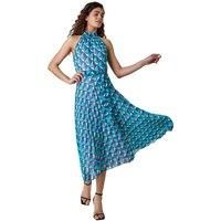Roman Originals Halterneck Pleated Dress for Women UK Ladies Maxi Midi Sleeveless Formal Wedding Guest Bridemaids Cocktail Party Special Occasion Ascot Races Going Out Evening - Aqua Navy - Size 18