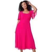 Roman Petite Floral Square Neck Midi Dress for Women UK - Ladies Everyday Holiday Spring Summer Comfy Soft Evening Vacation Work Party - Pink - Size 14