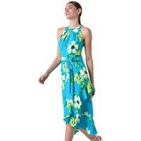 Roman Textured Chiffon Halterneck Midi Dress for Women UK - Ladies Autumn Everyday Winter Holiday Sleeveless Soft Fit & Flare Comfy Frill Hem Frock Party Gowns - Turquoise - Size 20