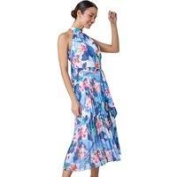 Roman Originals Halterneck Pleated Dress for Women UK Ladies Maxi Midi Sleeveless Formal Wedding Guest Bridemaids Cocktail Party Special Occasion Ascot Races Going Out Evening - Blue White - Size 20