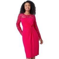 Roman Petite Lace Detail Knot Front Stretch Dress for Women UK - Ladies Spring Everyday Summer Holiday Round Neckline Comfy Long Sleeve Soft Knee Length Dinner Date Gowns - Petite Cerise - Size 14