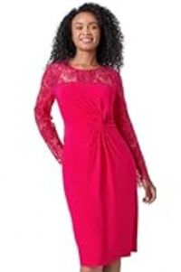 Roman Petite Lace Detail Knot Front Stretch Dress for Women UK - Ladies Spring Everyday Summer Holiday Round Neckline Comfy Long Sleeve Soft Knee Length Dinner Date Gowns - Petite Cerise - Size 16