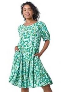 Roman Petite Floral Tiered Smock Dress for Women UK - Ladies Everyday Holiday Spring Summer Round Neckline Comfy Soft Evening Vacation Work Party - Petite Green - Size 10