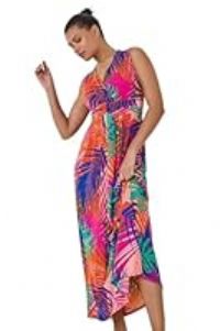 Roman Originals Maxi Dress for Women UK Ladies Twist Knot Front Floral Summer Party Casual Holiday Bohemian Boho Beach Evening Long Floor Length Sleeveless V Neck - Pink & Multicoloured - Size 10