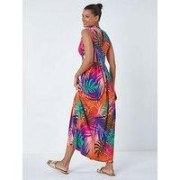 Roman Originals Maxi Dress for Women UK Ladies Twist Knot Front Floral Summer Party Casual Holiday Bohemian Boho Beach Evening Long Floor Length Sleeveless V Neck - Pink & Multicoloured - Size 12