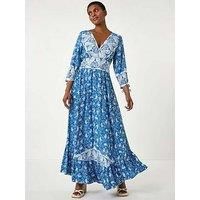 Roman Originals Women Shirred Waist Dress Ladies Spring Everyday Summer Holiday V-Neckline Comfy 3/4 Sleeve Soft Tassle Detail Frock Vacation Gowns Chiffon Maxi Midi Wrap - Sky Blue White - Size 16