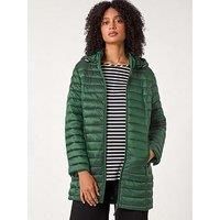 Roman Originals Women Padded Longline Coat with Hood - Ladies Zip Through Autumn Winter Long Length Lightweight Quilted Warm Cosy Everyday Zip Up Casual Jackets Coats - Green - Size 12