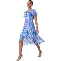 Roman Light Blue Floral Frill Detail Wrap Dress - Size 16 16 female