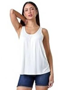 Roman Originals Vest Top for Women UK - Ladies Tank Tops Tunic Summer Blouse Cami Camisole V-Neck Stretch Jersey Casual Sleeveless Beach Party Lounge Holiday Work Soft Spring - Plain Ivory - Size 18