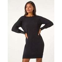 Roman Button Detail Slash Neck Knitted Stretch Dress - Black