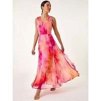 Roman Abstract Print Frill Maxi Dress in Cerise - Size 10 10 female