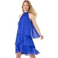 Roman Originals Chiffon Dress for Women UK - Ladies Swing Layered Frilled Tiered Mini Short Length 20s Special Occasion Event Cocktail Party Evening Going Out - Royal Blue Sparkle - Size 12