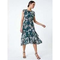 Roman Green Floral Frill Shirred Asymmetric Midi Dress - Size 18 18 female