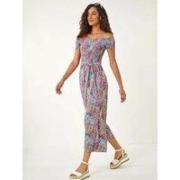 Dusk Blue Floral Shirred Stretch Bardot Jumpsuit - Size 16 16 female