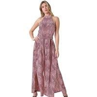 Roman Originals Dusk Fashion Floral Halter Neck Side Split Jumpsuit For Women UK - Ladies Everyday Holiday Spring Summer Comfy Soft Evening Vacation Work Party - Pink - Size 14