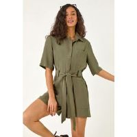 Dusk Khaki Stretch Buttoned Belted Pocket Playsuit - Size 18 18 female