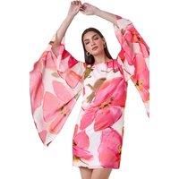 Roman Originals Floral Print Chiffon Cape Dress for Women UK - Ladies Everyday Holiday Spring Summer Round Neckline Comfy Soft Evening Vacation Work Party - Pink & White - Size 10
