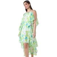Abstract Chiffon Ruffle Detail Midi Dress