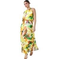 Roman Originals Abstract Print Chiffon Overlay Maxi Dress for Women UK - Ladies Everyday Holiday Spring Summer Halter Neckline Comfy Soft Evening Vacation Work Party - Yellow Multi - Size 14