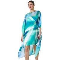 Roman Originals Abstract Print Chiffon Draped Tunic Dress for Women UK - Ladies Everyday Holiday Spring Summer Round Neckline Comfy Soft Evening Vacation Work Party - Green - Size 10