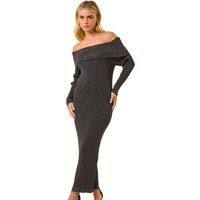 Roman Petite Metallic Knit Bardot Midi Dress for Women UK - Ladies Autumn Everyday Winter Holiday Long Sleeves Soft Bodycon Comfy Warm Feel Frock Dinner Date Gowns - Black - Size 16