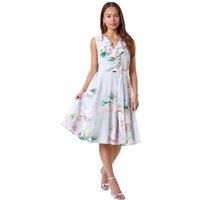 Roman Petite Frill Detail Floral Dress for Women UK - Ladies Everyday Holiday Spring Summer V-Neckline Comfy Soft Evening Vacation Work Party - Petite Grey - Size 14