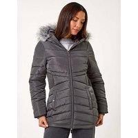 Roman Charcoal Faux Fur Hooded Quilt Coat - Size 10 10 female