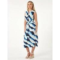 Roman Petite Tie Dye Stretch Dress for Women UK - Ladies Everyday Holiday Spring Summer Notch Neckline Comfy Soft Evening Vacation Work Party - Petite Blue - Size 16