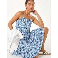 Roman Petite Leaf Print Tiered Stretch Dress for Women UK - Ladies Everyday Holiday Spring Summer Round Neckline Comfy Soft Evening Vacation Work Party - Blue - Size 14
