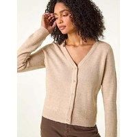 Roman Originals Shimmer V-Neck Ribbed Cardigan for Women UK - Ladies Everyday Autumn Winter V-Neckline Comfy Soft Evening Vacation Work Party Night Out - Natural - Size XL