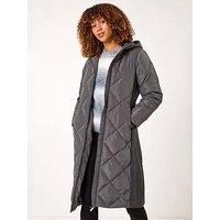 Roman Originals Longline Diamond Quilt Hooded Coat for Women UK - Ladies Everyday Autumn Winter Funnel Neckline Comfy Soft Evening Vacation Work Party Night Out - Charcoal - Size 10