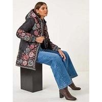 Roman Originals Floral Print Quilted Hooded Coat for Women UK - Ladies Everyday Autumn Winter Funnel Neckline Comfy Soft Evening Vacation Work Party Night Out - Black - Size 16