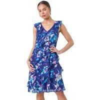 Roman Petite Abstract Print Ruffle Shift Dress 12 female