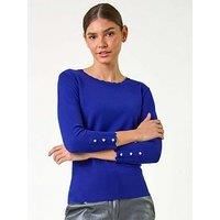 Roman Diamante Button Scallop Edge Jumper for Women UK - Ladies Autumn Everyday Winter Holiday Round Neckline Comfy Long Sleeve Soft Slim Fit Knitted Sweater Warm Tops - Royal Blue - Size 10