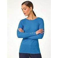 Roman Originals Soft Ribbed Stretch Knit Jumper for Woman UK - Ladies Everyday Holiday Spring Summer Round Neckline Comfy Soft Evening Vacation Work Party - Denim - Size 18