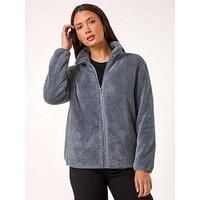 Roman Originals Soft Sherpa Fleece Jacket for Women UK - Ladies Autumn Everyday Winter Holiday Pull-On Comfy Soft Vacation Work Teddy Coat - Dark Grey - Size L