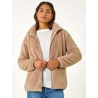 Roman Originals Soft Sherpa Fleece Jacket for Women UK - Ladies Autumn Everyday Winter Holiday Pull-On Comfy Soft Vacation Work Teddy Coat - Taupe - Size XL